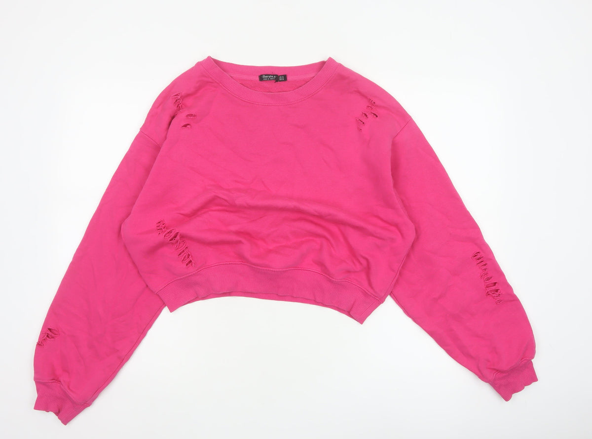 Bershka Women's Pink M Distressed Pullover Crew Neck Sweatshirt