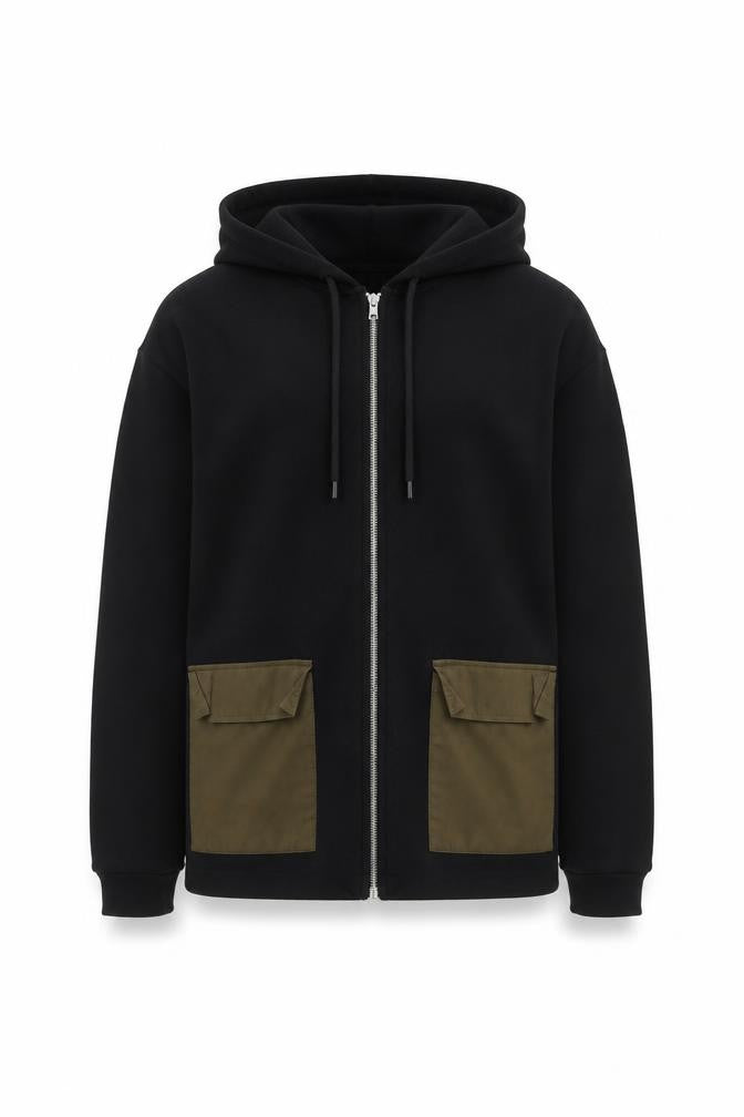 ASOS Men’s Black M Full Zip Hoodie Khaki Utility Pockets Cotton