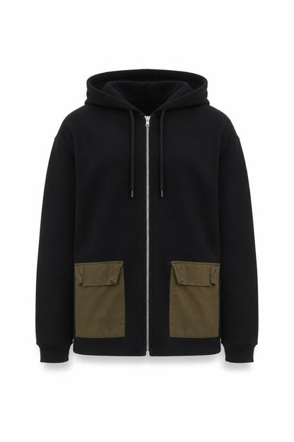 Front view of ASOS Men’s Black M Full Zip Hoodie Khaki Utility Pockets Cotton