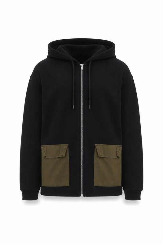 ASOS Men’s Black M Full Zip Hoodie Khaki Utility Pockets Cotton