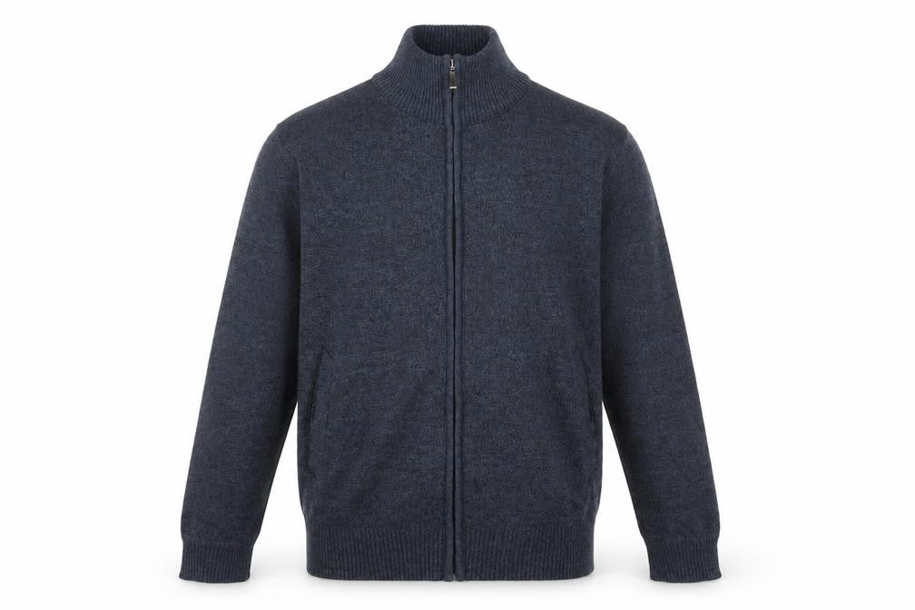 Andevid Men’s Blue L Full Zip High Neck Knit Jumper Pockets