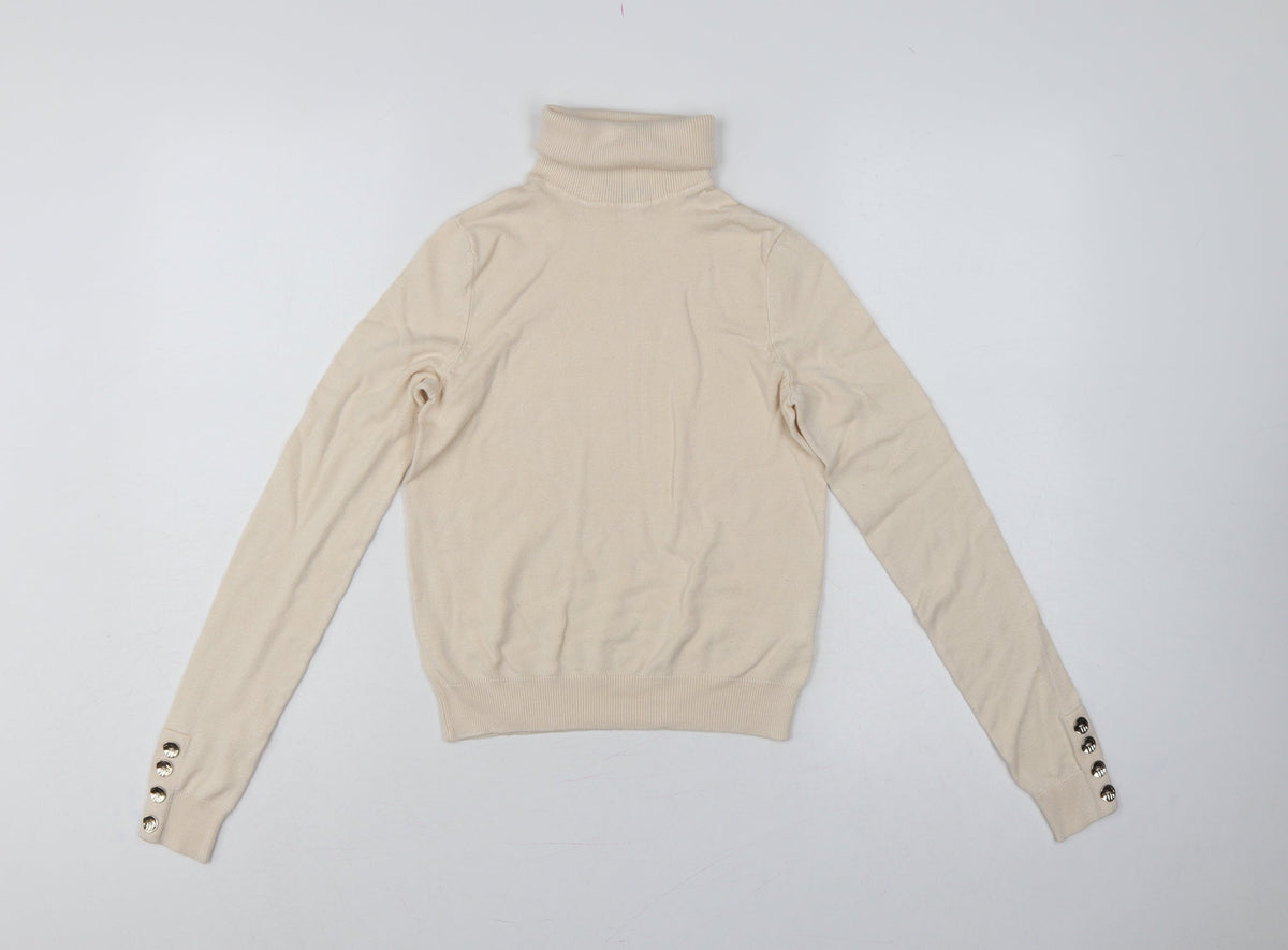Pimkie Women Beige S Roll Neck Knit Pullover Jumper Button Cuffs