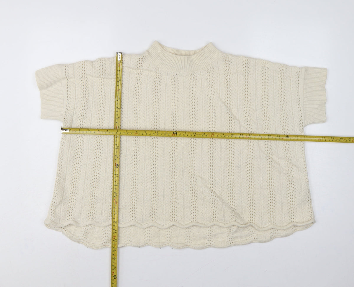 French Connection Women Ivory S Wool Open-Knit Short Sleeve Jumper