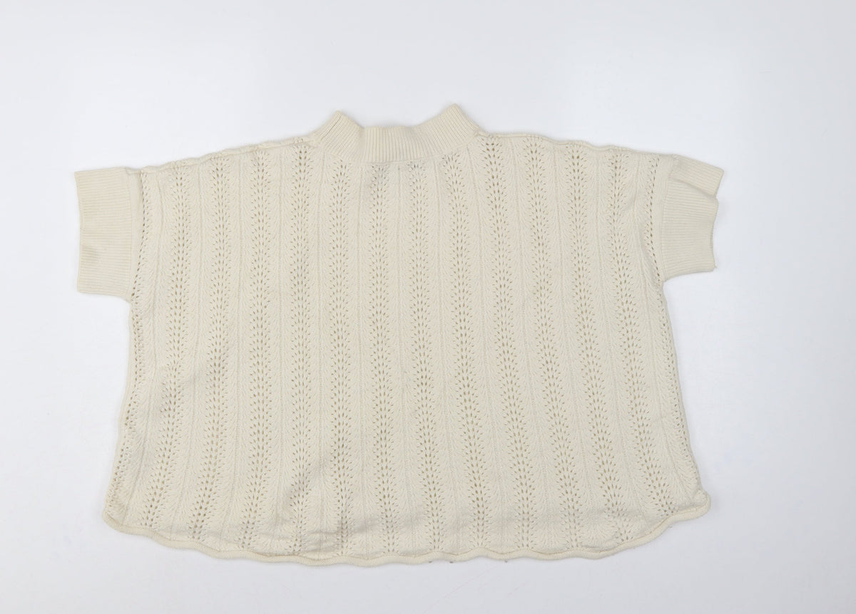French Connection Women Ivory S Wool Open-Knit Short Sleeve Jumper