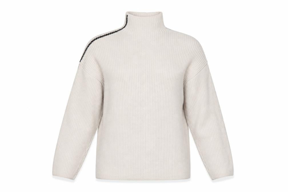 Marks and Spencer Women Ivory M Ribbed High Neck Jumper Contrast Trim