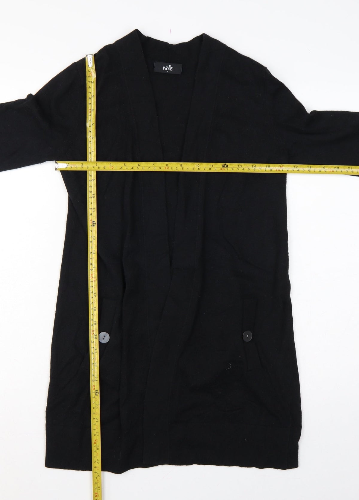 Wallis Women Black S Longline Open Knit Cardigan Button Pockets