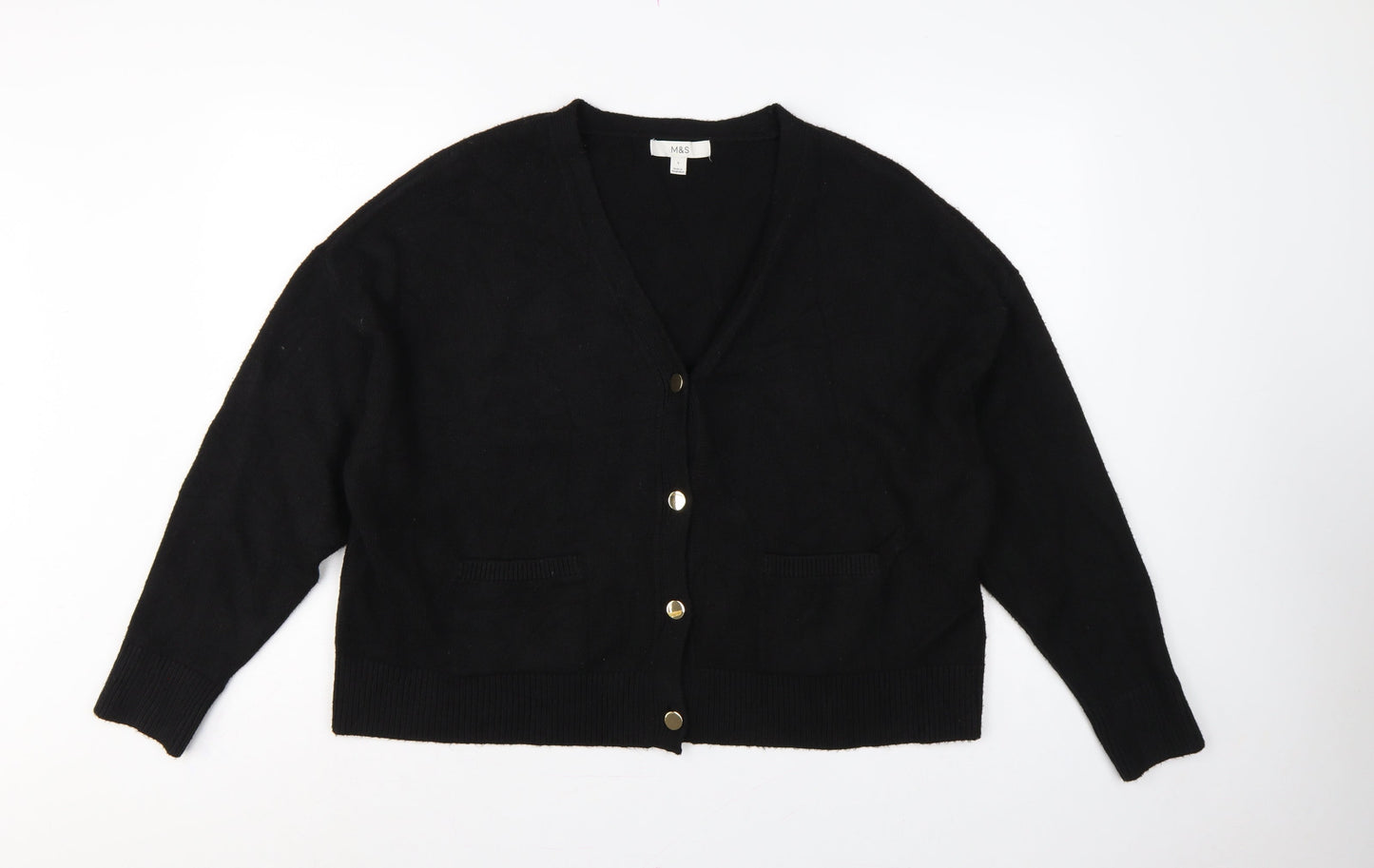 Marks & Spencer Women’s Black L V-Neck Gold Button Pocket Knit Cardigan