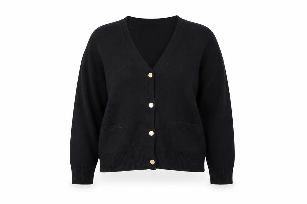 Marks & Spencer Women’s Black L V-Neck Gold Button Pocket Knit Cardigan