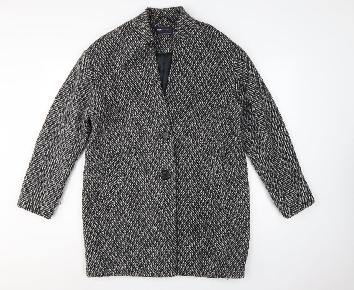 Marks & Spencer Women Grey Herringbone Wool Blend Overcoat UK 12
