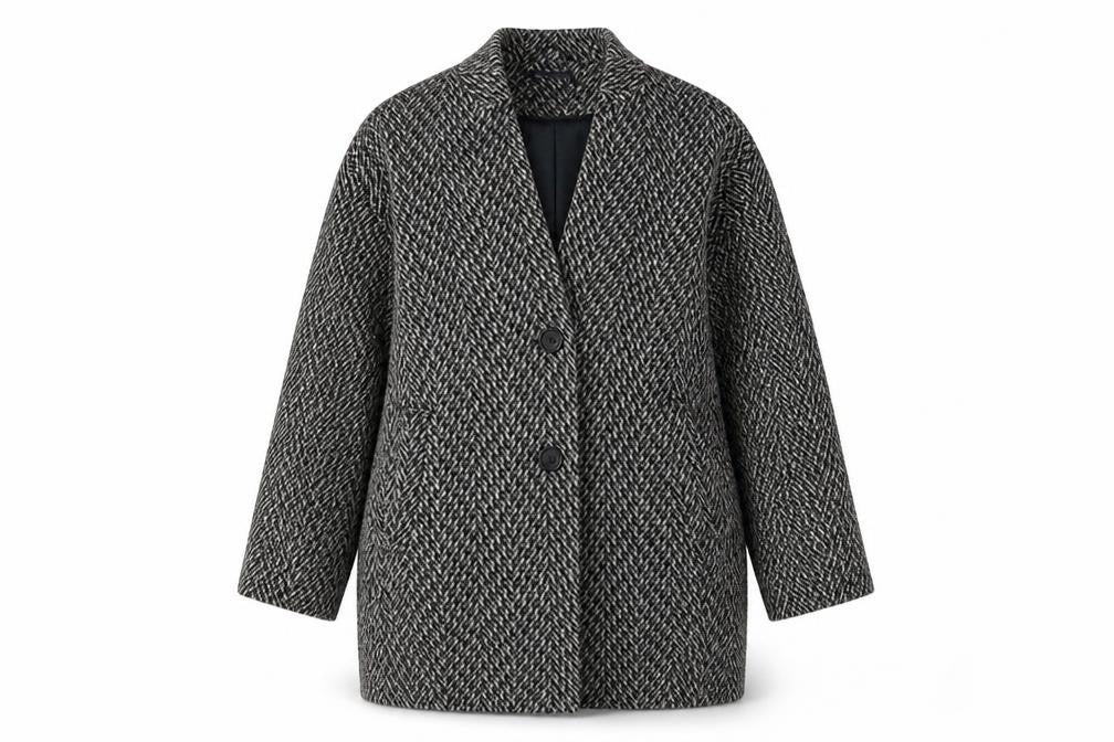 Marks & Spencer Women Grey Herringbone Wool Blend Overcoat UK 12