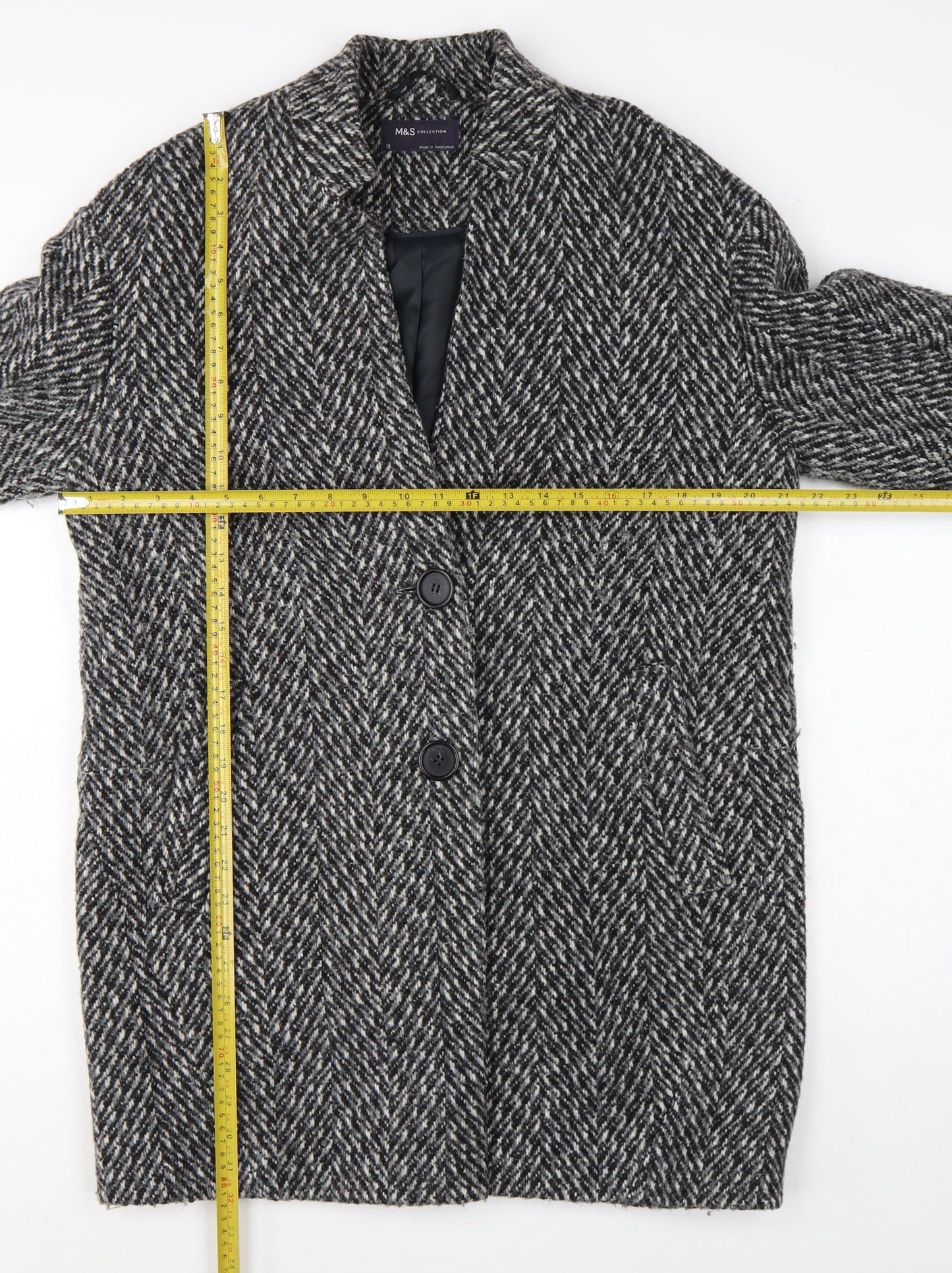 Marks & Spencer Women Grey Herringbone Wool Blend Overcoat UK 12