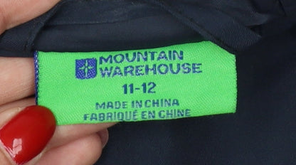 Brand and care label for Mountain Warehouse boys’ blue 11-12 padded hooded water resistant jacket