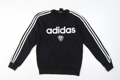 Close-up detail of adidas Men’s Black XS Leeds United Logo Graphic Crew Neck Sweatshirt