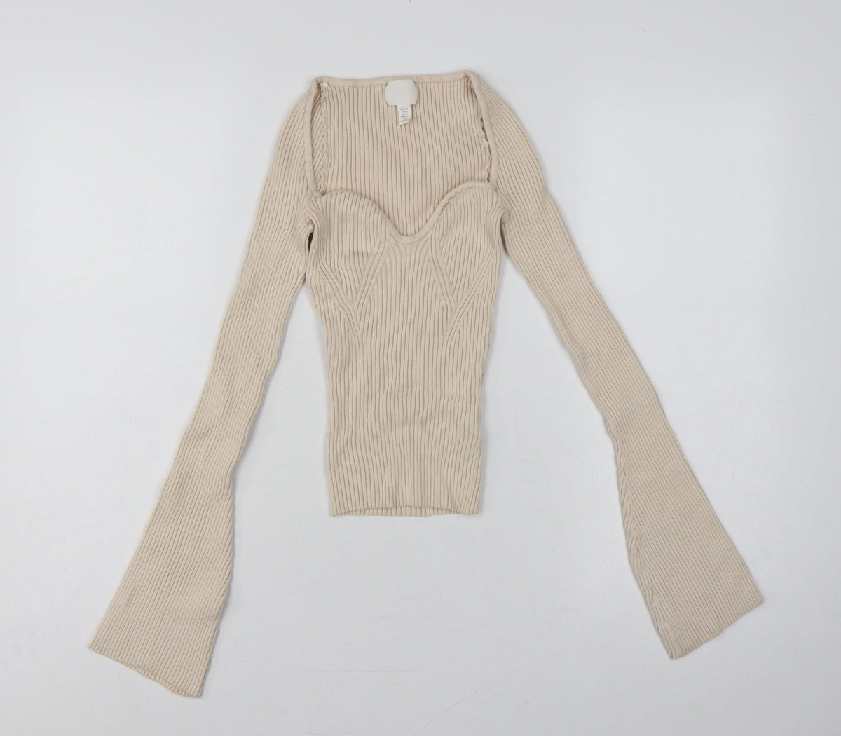 H&M Women Beige XS Rib Knit Square Neck Bell Sleeve Jumper
