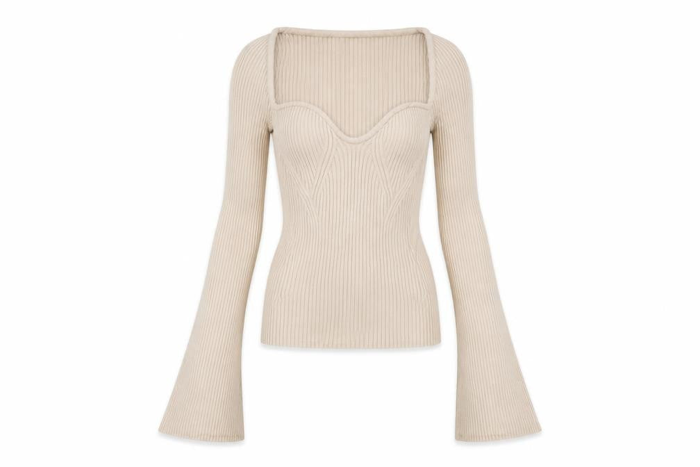 H&M Women Beige XS Rib Knit Square Neck Bell Sleeve Jumper