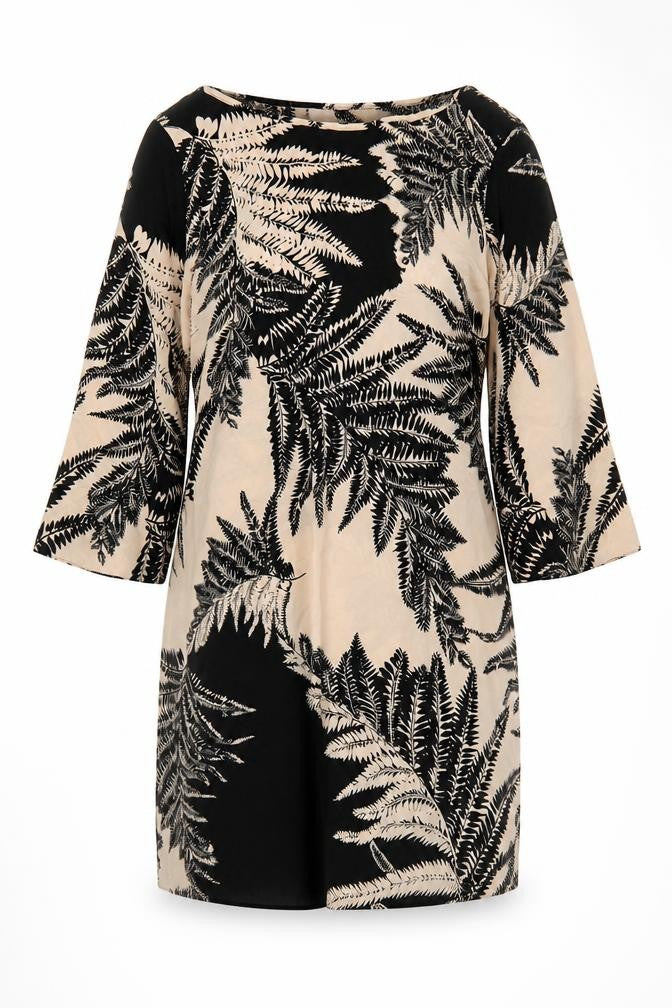 Wallis Women Beige Black Fern Print Petite 14 Shift Dress Bell Sleeve