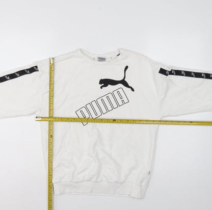 Back view of Puma Women’s White XS Logo T7 Tape Crew Neck Sweatshirt