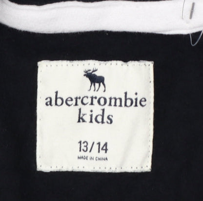 Brand and care label for Abercrombie & Fitch Kids boys’ black 13-14 years full zip logo hoodie