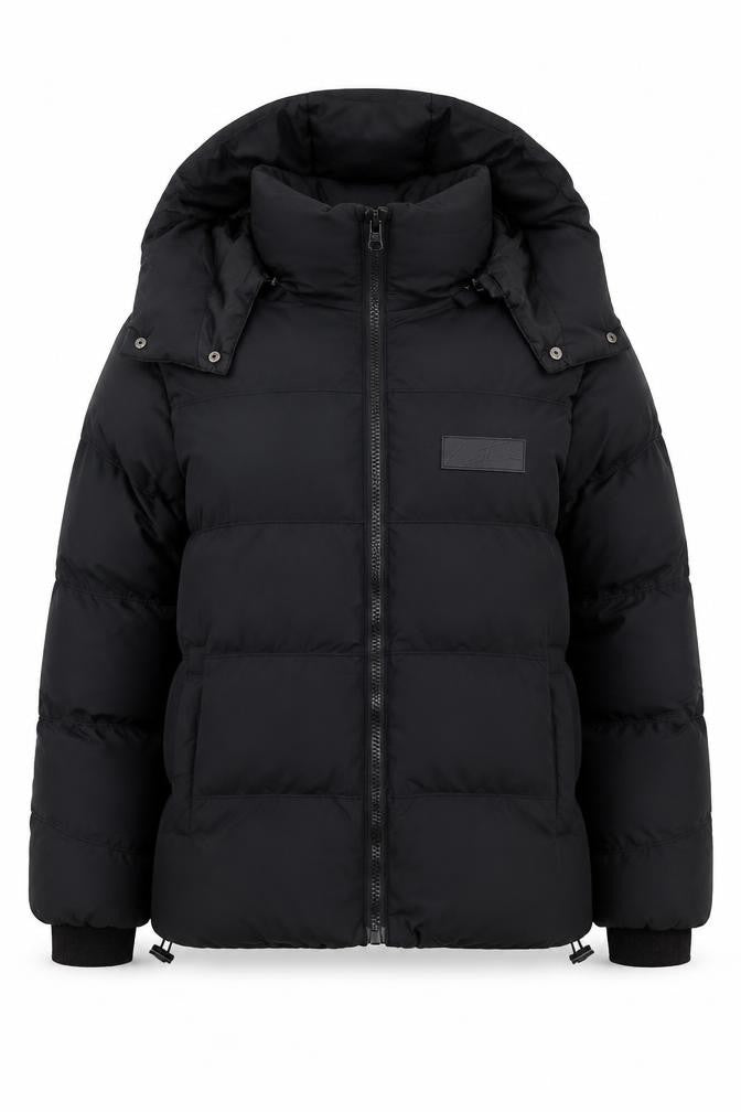 Couture Club Women Black L Hooded Puffer Jacket Quilted Logo