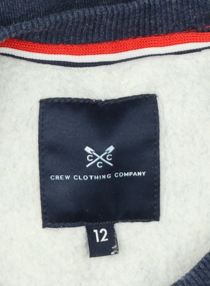 Brand and care label for Crew Clothing Women’s Blue, size UK 12, Pullover Crew Neck Sweatshirt