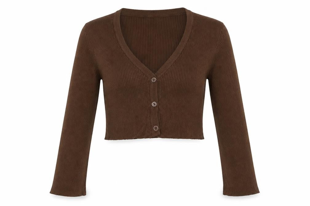 Pull&Bear Women’s Brown Rib Knit V-Neck Button Cardigan Size S