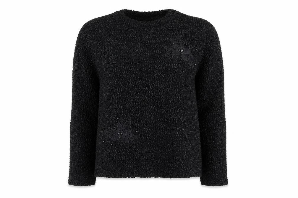 Anne Smith Women Black M Floral Beaded Long Sleeve Knit Jumper