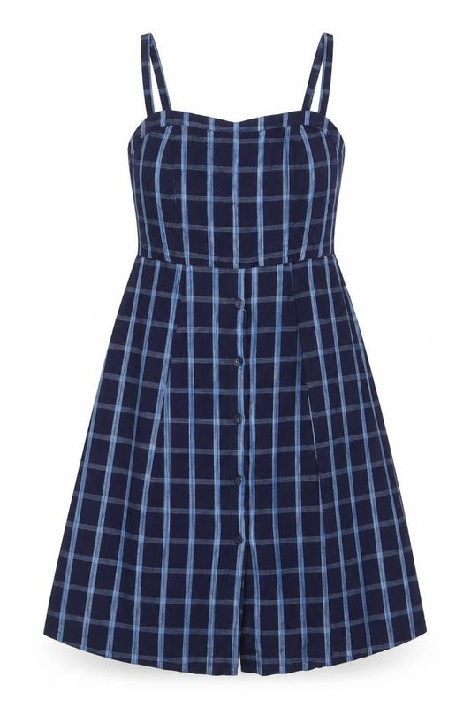 Mango Women Blue Check One Shoulder A-Line Long Cotton Dress UK 12