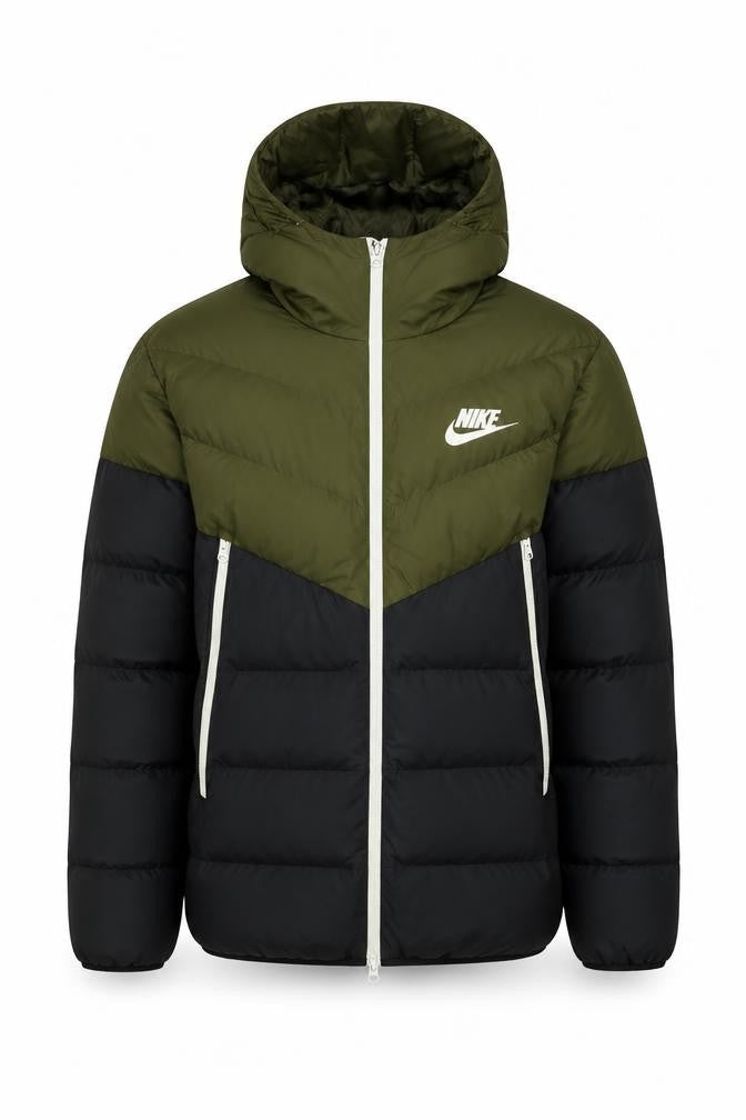 Nike Men’s Black Khaki L Hooded Puffer Jacket Quilted Logo