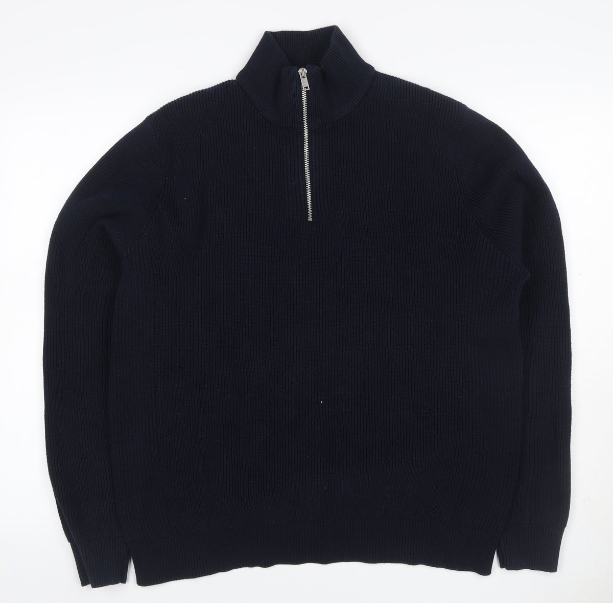 Marks & Spencer Men Blue XL 1/4 Zip Rib Knit Jumper