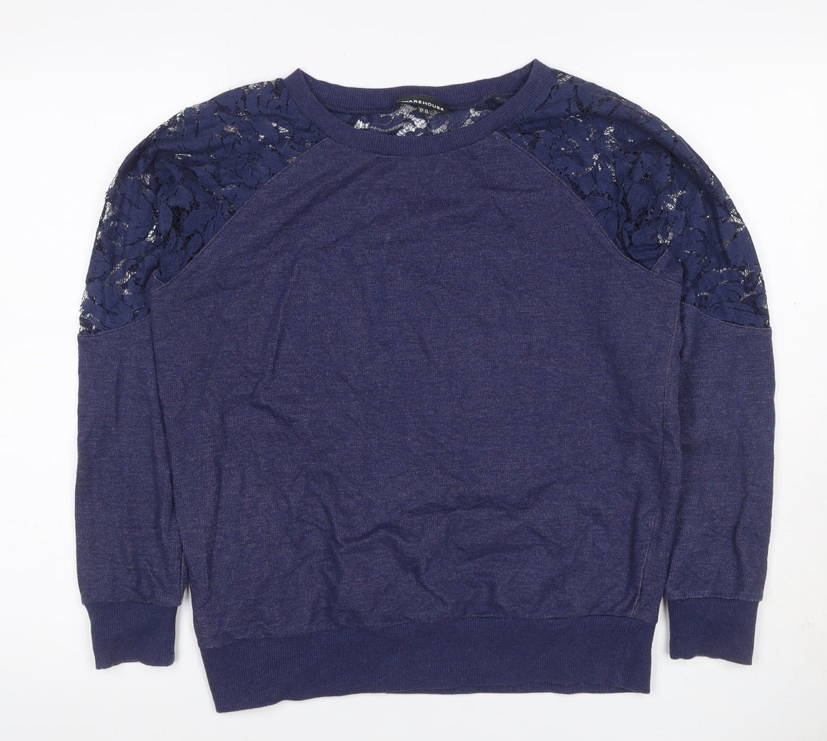 Warehouse Women Blue UK 12 Jersey Top Floral Lace Raglan Long Sleeve