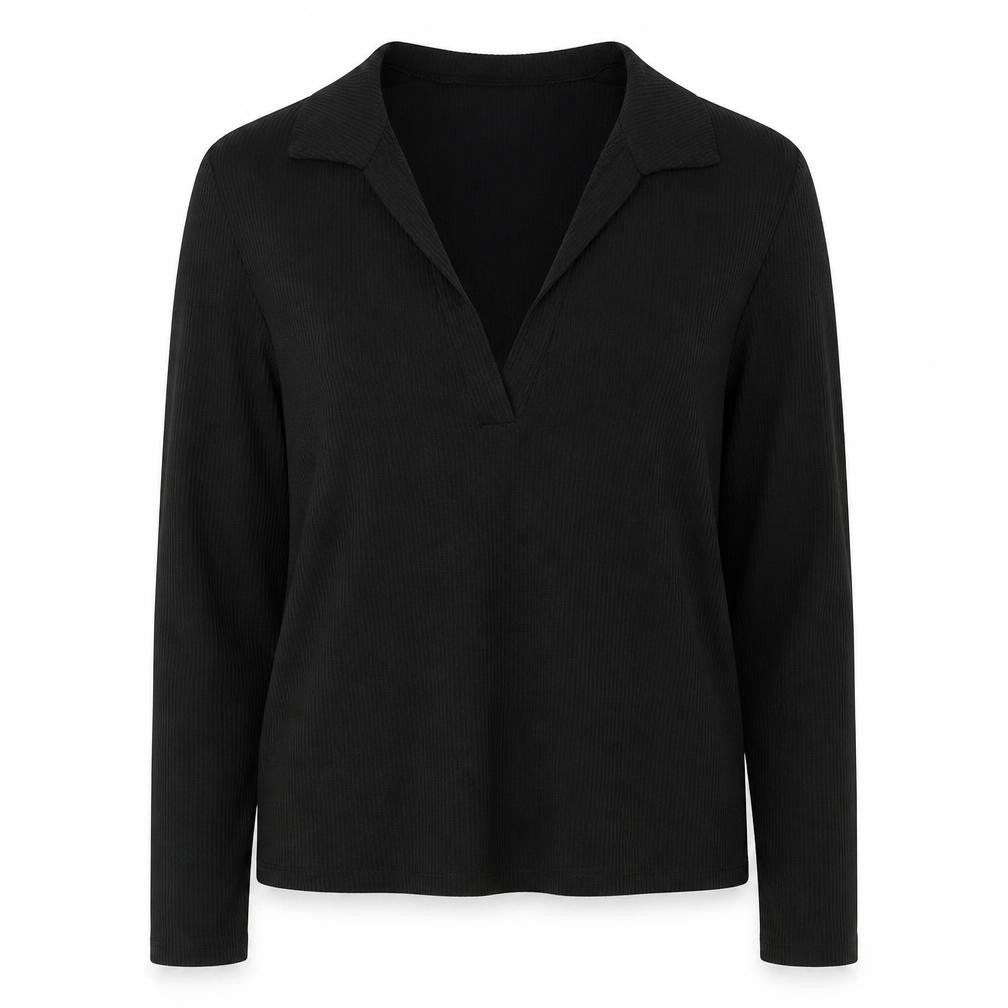 New Look Women Black UK 16 Ribbed Wrap Collared Long Sleeve Blouse