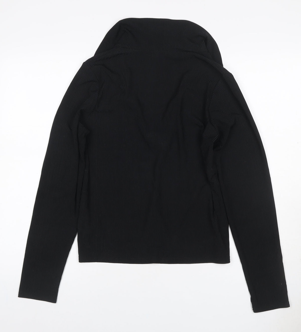 New Look Women Black UK 16 Ribbed Wrap Collared Long Sleeve Blouse