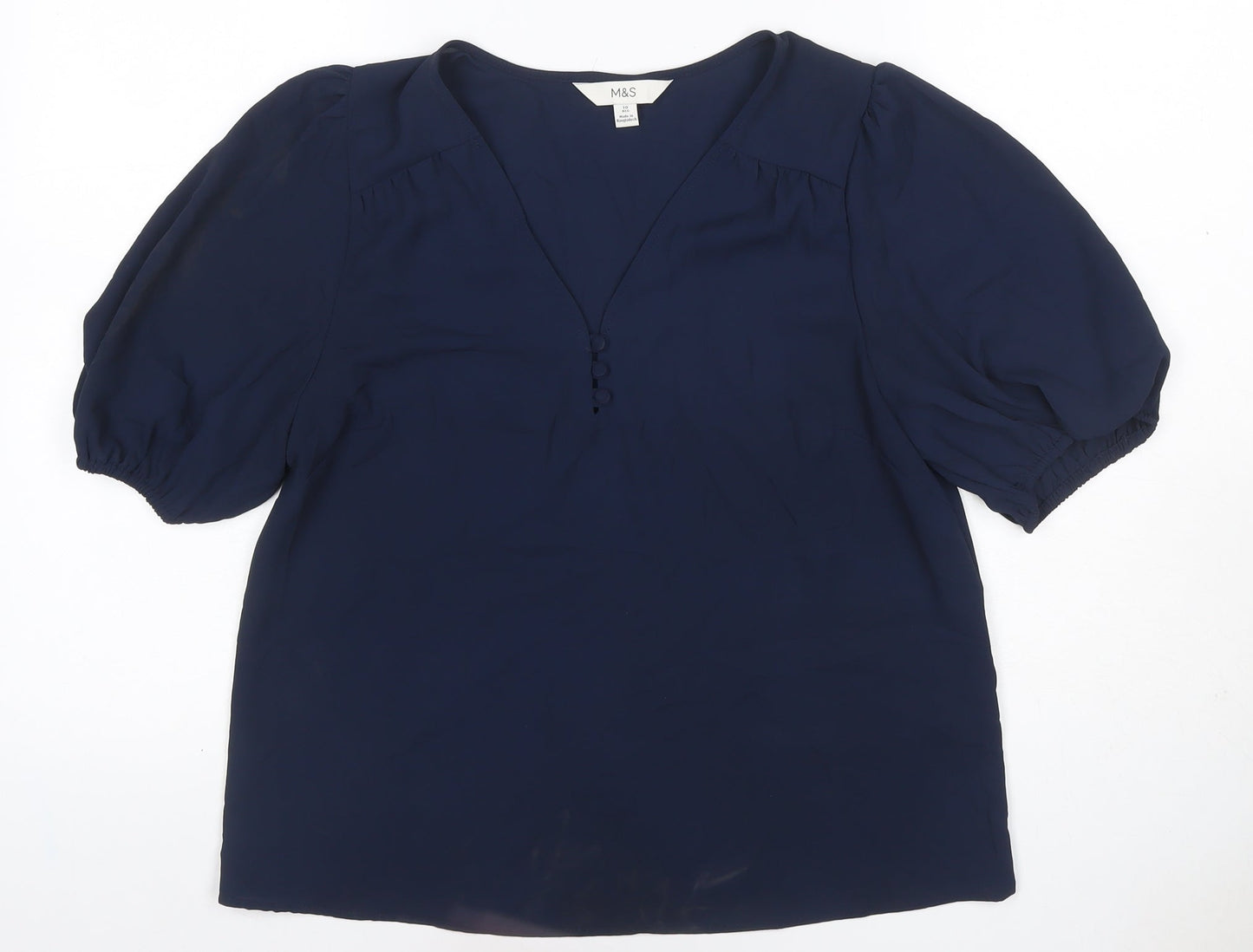 Marks & Spencer Women Blue Size 10 V-Neck Puff Sleeve Blouse