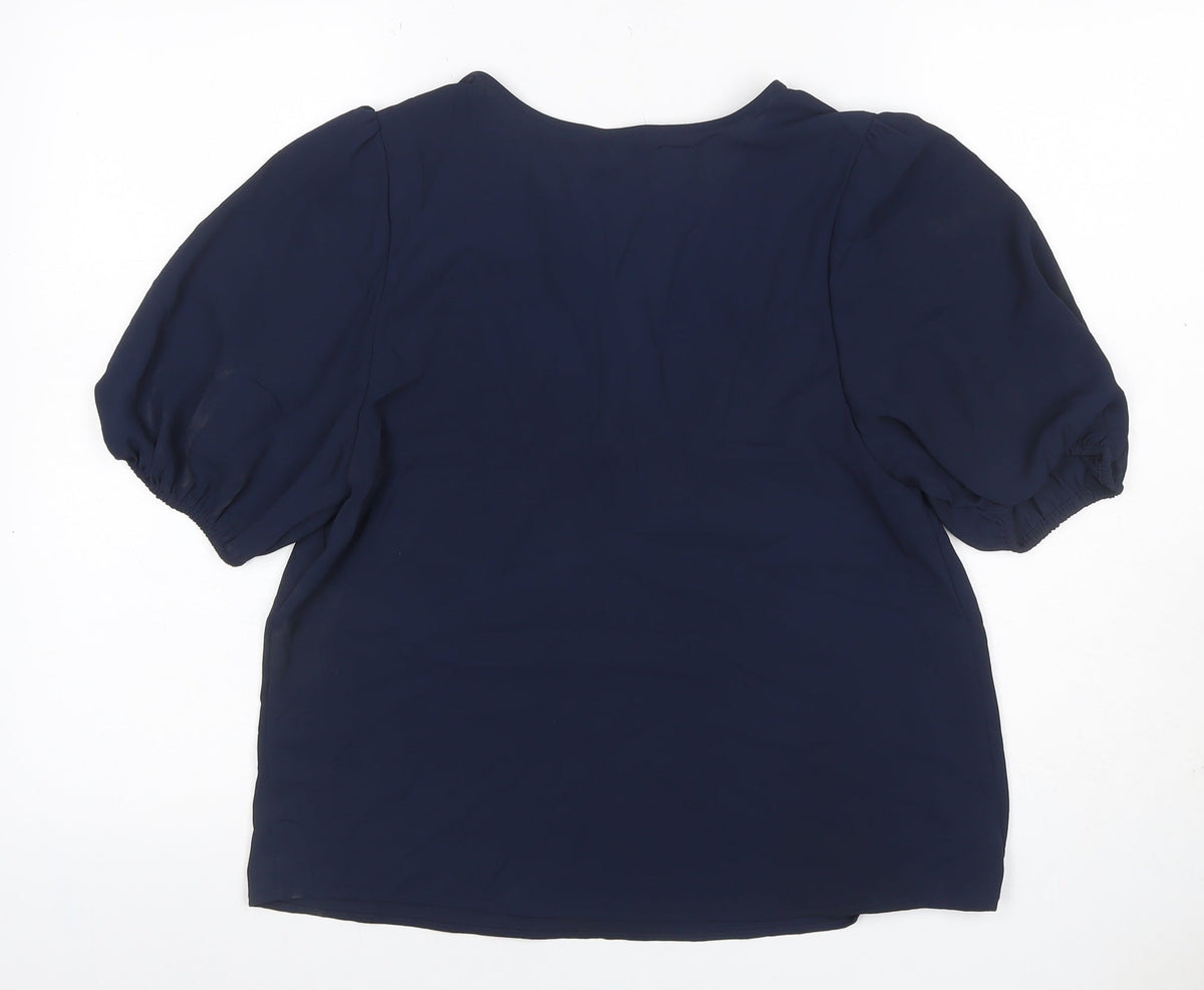 Marks & Spencer Women Blue Size 10 V-Neck Puff Sleeve Blouse