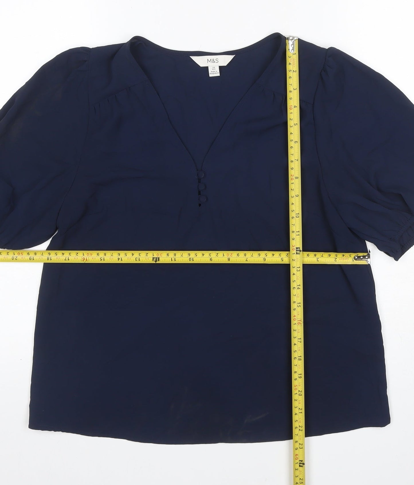Marks & Spencer Women Blue Size 10 V-Neck Puff Sleeve Blouse