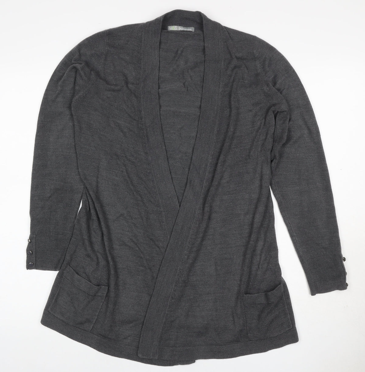 Marks & Spencer Women Grey Size 12 Open Knit Cardigan Pockets
