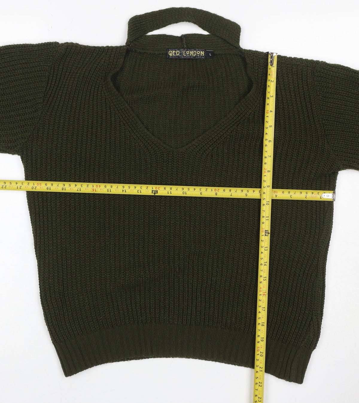 QED London Women’s Green L Chunky Knit V-Neck Choker Jumper