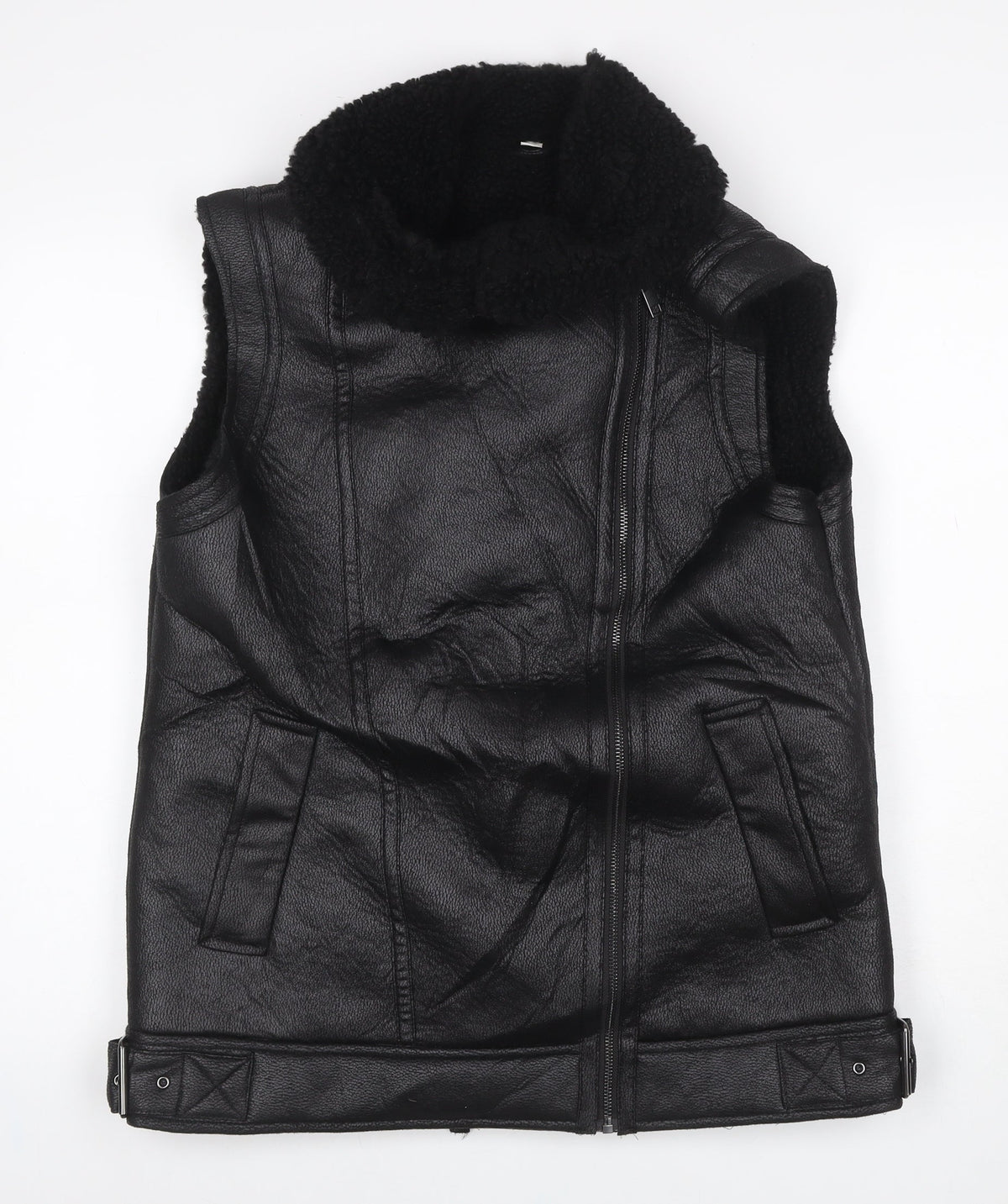 Marks & Spencer Women’s Black Size 10 Faux Leather Biker Shearling Waistcoat