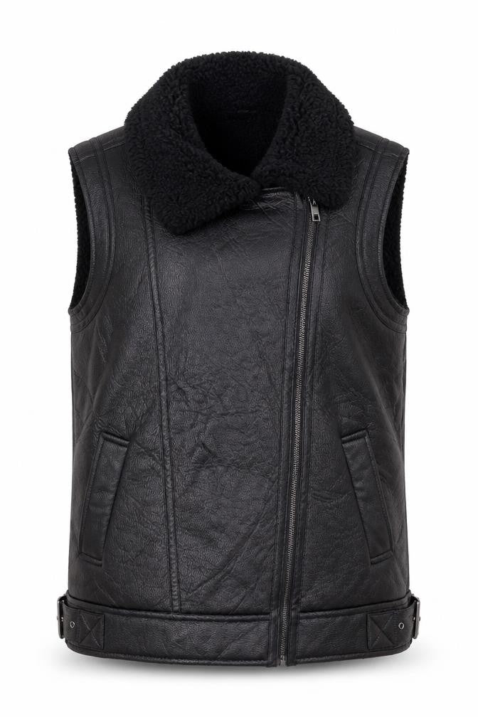 Marks & Spencer Women’s Black Size 10 Faux Leather Biker Shearling Waistcoat