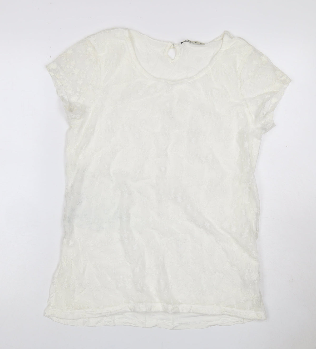 LCW Casual Women Ivory 2XL Floral Lace Keyhole Cap Sleeve Blouse