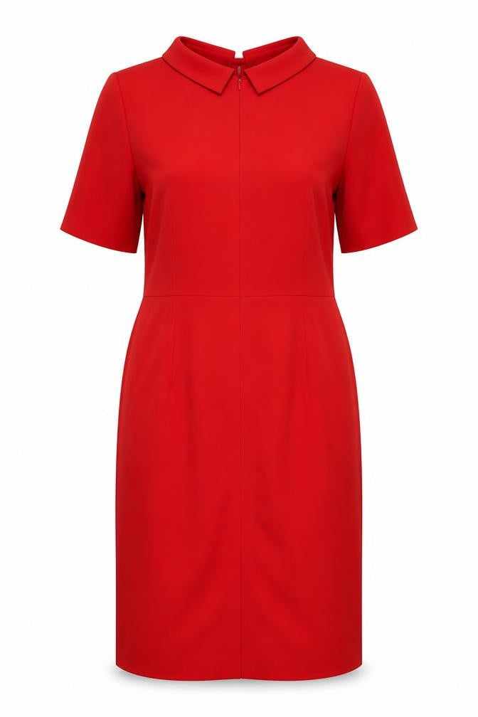 Bruce Oldfield Women Red UK 16 Sheath Knee Dress Collared Long Sleeve