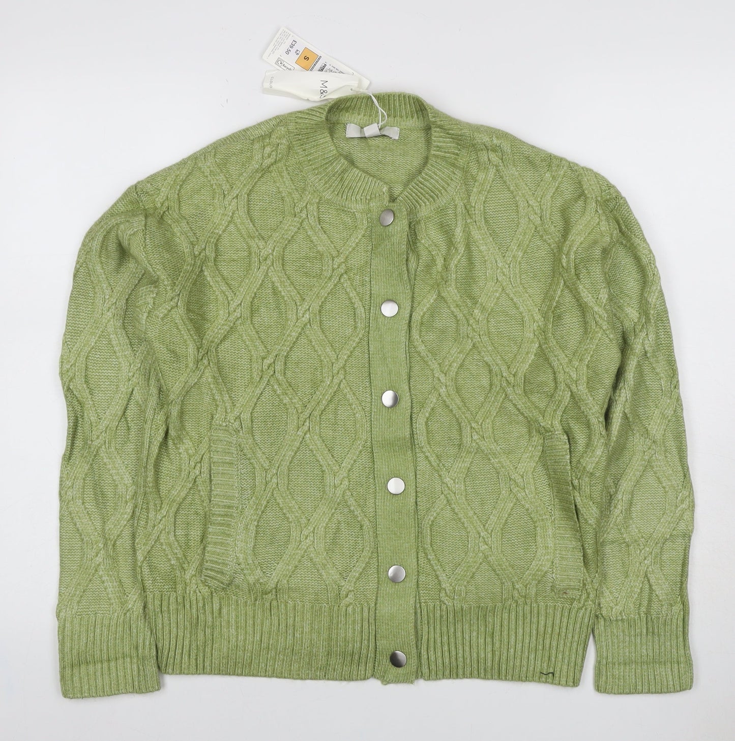 Marks & Spencer Women Green Size S Cable Knit Button Cardigan