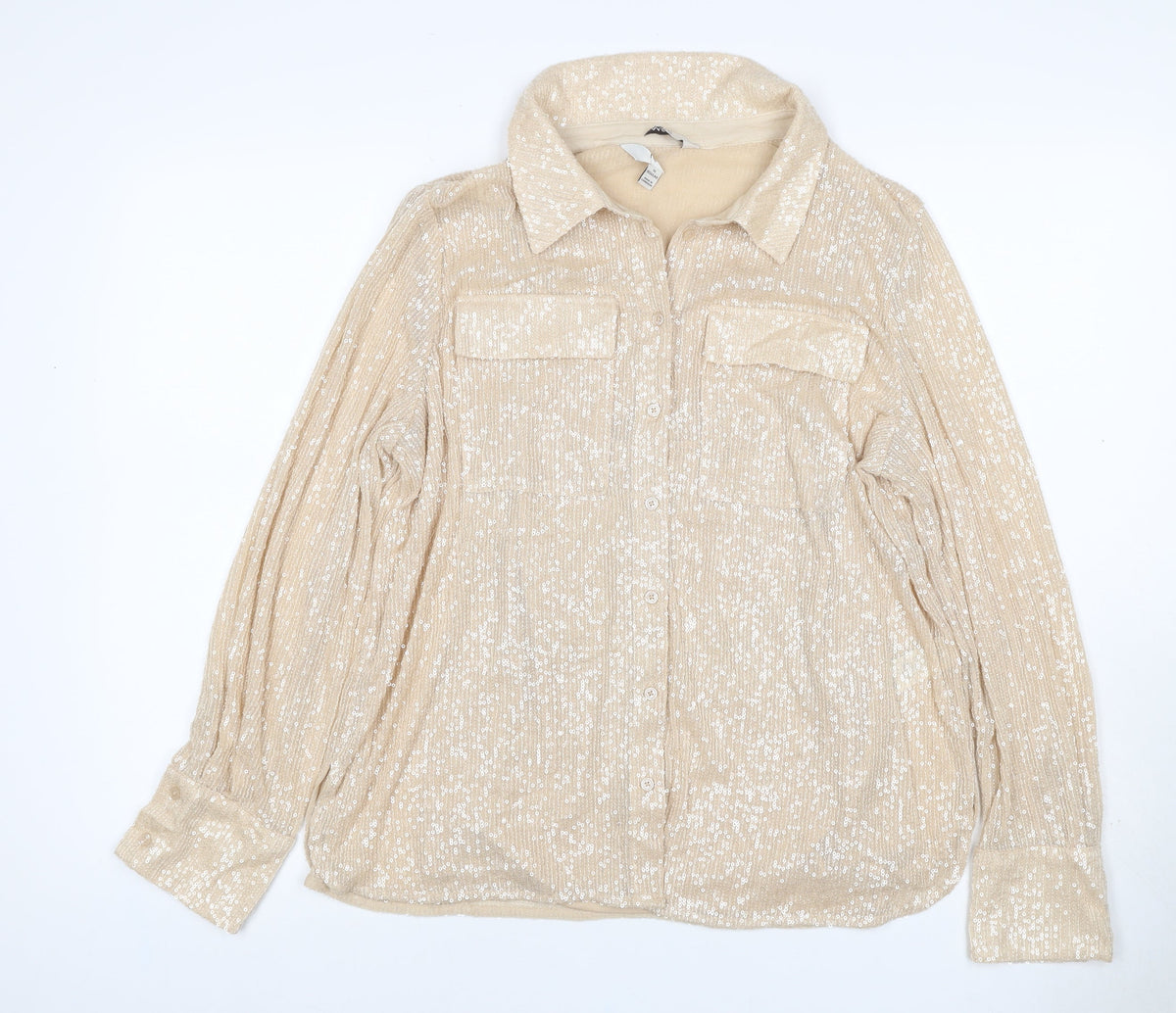 Marks & Spencer Women Beige UK 12 Sequin Collared Button-Up Shirt