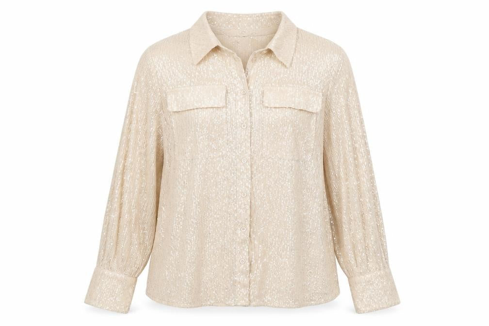 Marks & Spencer Women Beige UK 12 Sequin Collared Button-Up Shirt