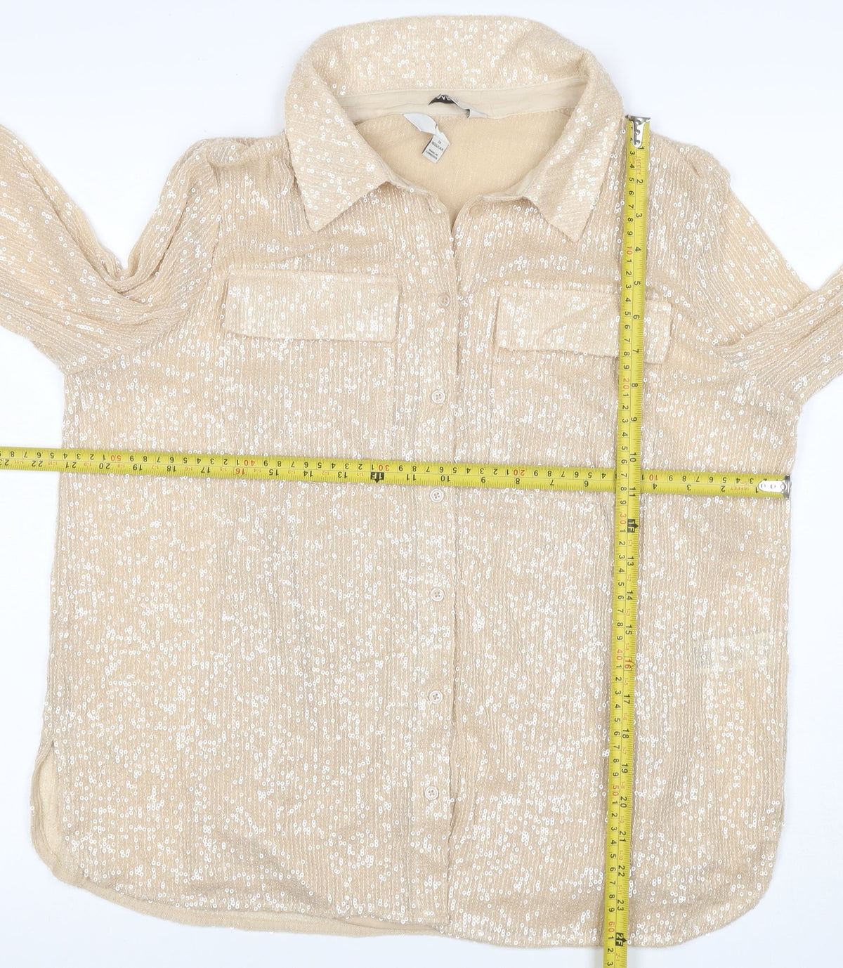 Marks & Spencer Women Beige UK 12 Sequin Collared Button-Up Shirt