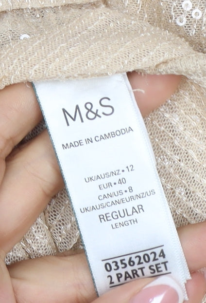 Marks & Spencer Women Beige UK 12 Sequin Collared Button-Up Shirt