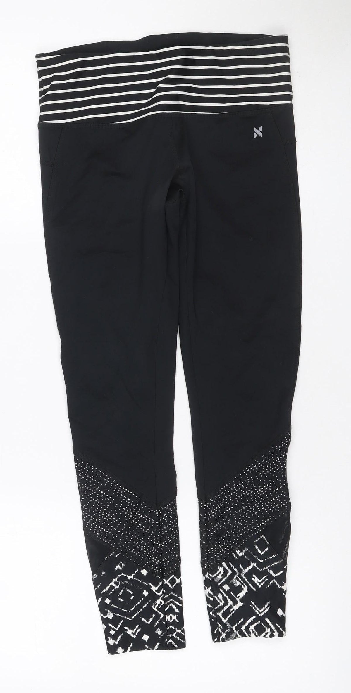 Next Women’s Black Geometric Print Gym Leggings UK 8 Stretch Zip Pocket