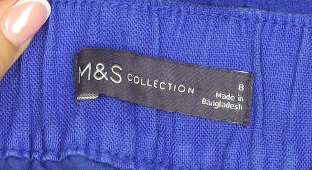 Marks & Spencer Women Blue Size 8 Linen Cropped Tapered Trousers