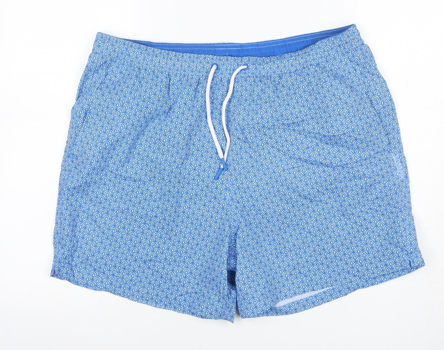 Marks & Spencer Men Blue Geometric Print Swim Shorts Size 38 Lined Drawstring