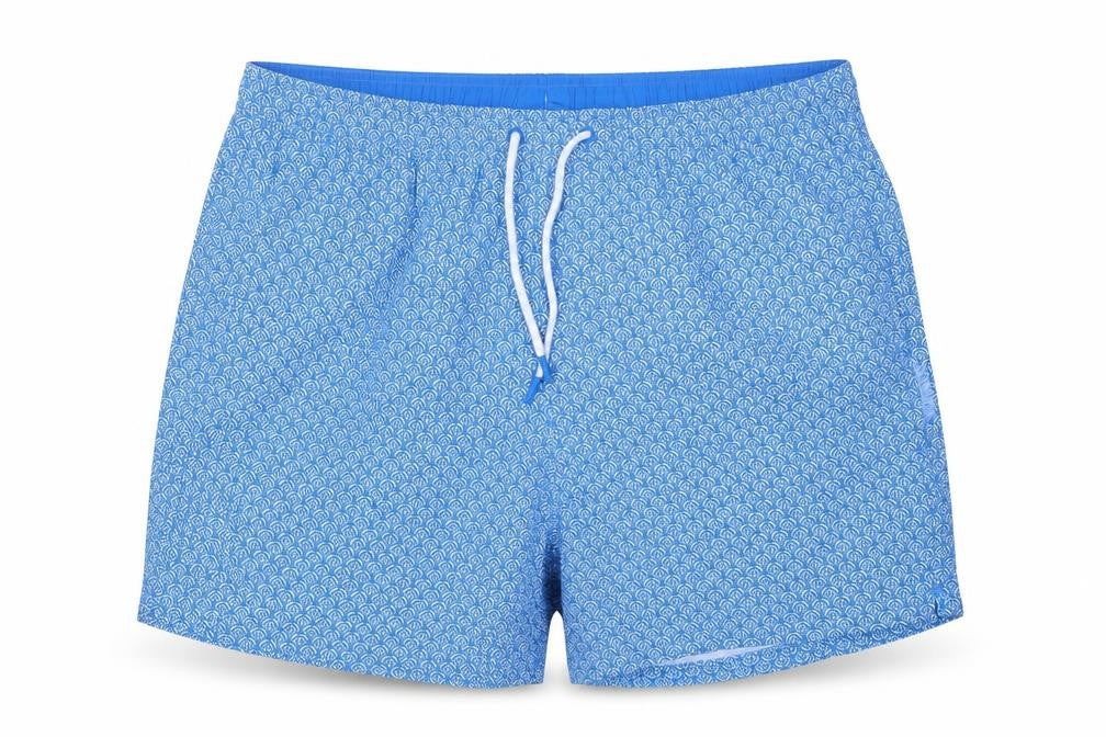 Marks & Spencer Men Blue Geometric Print Swim Shorts Size 38 Lined Drawstring